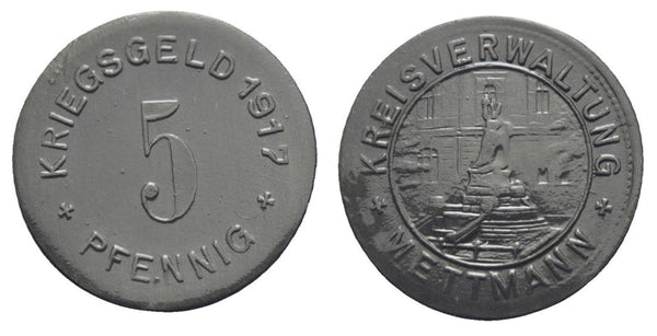 Notgeld (Emergency money) - zinc 5 pfennig, 1917, Mettmann, Germany