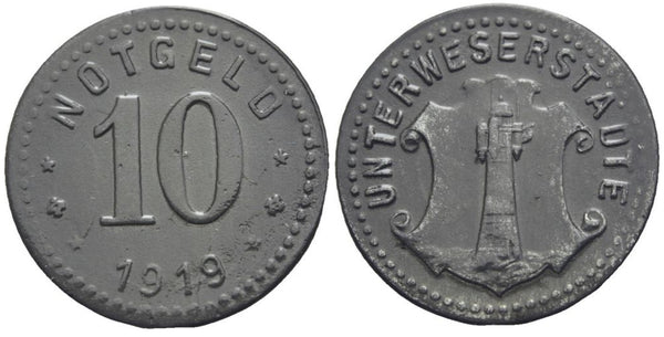 Notgeld (Emergency money) - zinc 10 pfennig, 1919, Unterweserstädte, Germany