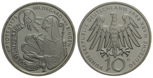 Germany - proof silver 10 marks in the original sealed mint packet - 1998-D (Munich), Hildegard von Bingen