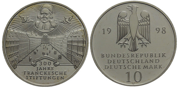 Germany - proof silver 10 marks in the original sealed mint packet - 1998-G (Karlsruhe) 300 years of the Francke Foundations