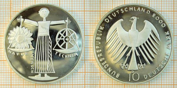 Germany - proof silver 10 marks in the original sealed mint packet - 2000-G (Karlsruhe) - Mensch Natur Technik