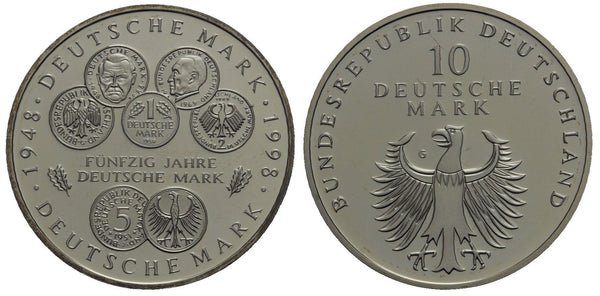 Germany - proof silver 10 marks in the original sealed mint packet - 1998-G (Karlsruhe) - 50 years of the Deutsche Mark