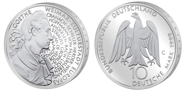 Germany - proof silver 10 marks in the original sealed mint packet - 1999-G (Karlsruhe) - Goethe