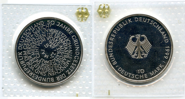 Germany - proof silver 10 marks in the original sealed mint packet - 1999-J (Hamburg) - 50 years of the German constitution