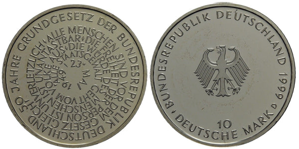 Germany - proof silver 10 marks in the original sealed mint packet - 1999-D (Munich) - 50 years of the German constitution