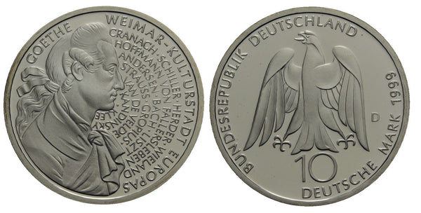 Germany - proof silver 10 marks in the original sealed mint packet - 1999-D (Munich) - Goethe