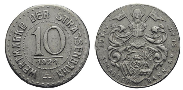 Notgeld (Emergency money) - iron 10 pfennig, 1921, Strassenbahn , Germany