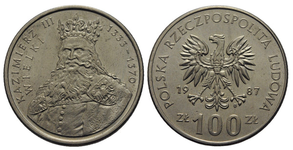 Copper-nickel 100 zlotych - rulers of Poland series - King Kazimierz III Wielki (Casimir III the Great), 1987, Poland