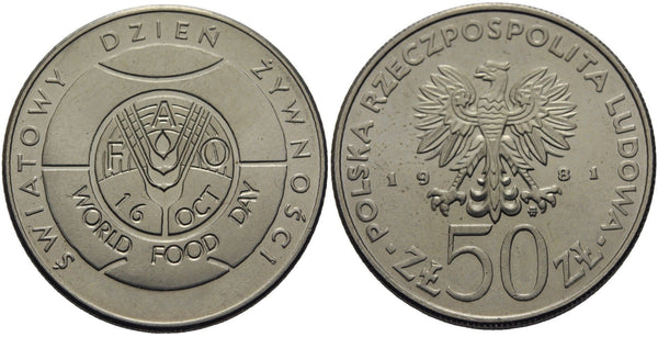 Copper-nickel 50 zlotych - FAO Food for All, 1981, Poland