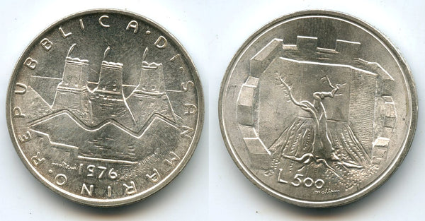 Uncirculated silver 500 lire, San Marino, 1976 (KM 58)