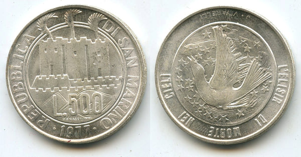 Uncirculated silver 500 lire, San Marino, 1977 (KM 71)