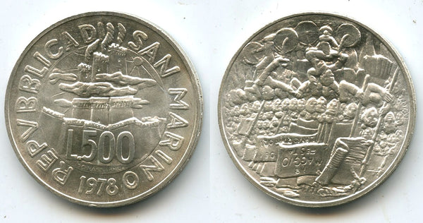 Uncirculated silver 500 lire, San Marino, 1978 (KM 84)