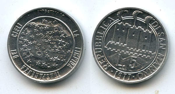 Uncirculated 5 lire, San Marino, 1977. KM#65