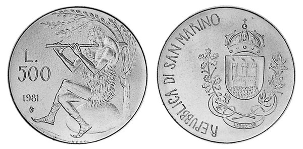 Uncirculated silver 500 lire, San Marino, 1981 (KM124)