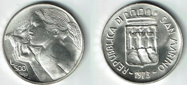 Uncirculated silver 500 lire, San Marino, 1973 (KM 29)