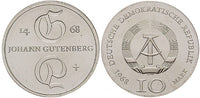 Rare uncirculated silver 10 mark coin, East Germany (DDR), 1968 - 500th anniversary of the death of Johann Guttenberg