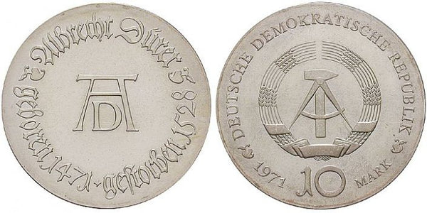 Rare uncirculated silver 10 mark coin, East Germany (DDR), 1968 - Albrecht Durer, artist
