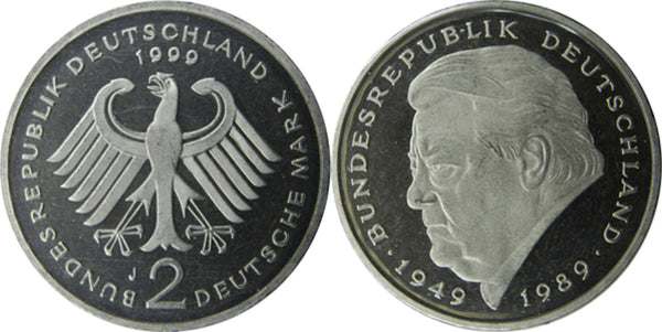 Proof copper-nickel  2 mark coin, Franz Joseph Strauss, 1990-A, Berlin mint, Germany - rare date!!