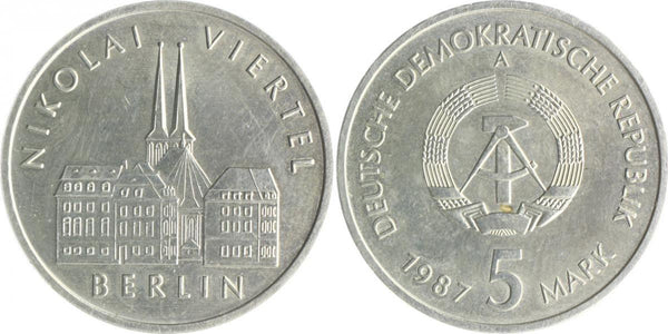 Uncirculated 5 mark coin in the original capsule, East Germany (DDR), 1987-A - NIKOLAI VIERTEL