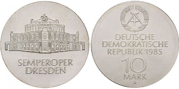 Scarce silver 10 mark coin, East Germany (DDR), 1987-5 - Semper Opera in Dresden