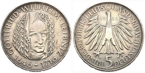 Silver 5-marks, 1966-D (Munich), Germany - 250 years of the death of Gottfried Wilhelm Liebniz