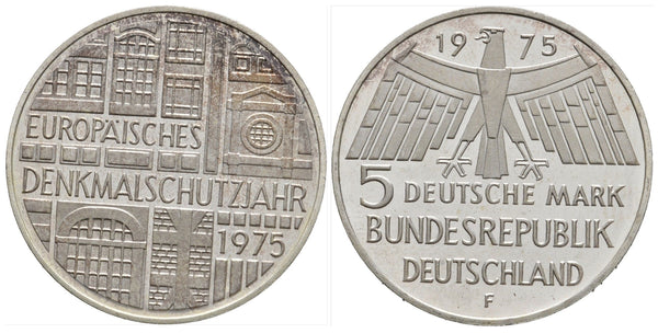 Proof silver 5-marks, 1975-F (Stuttgart), Germany - European monument protection