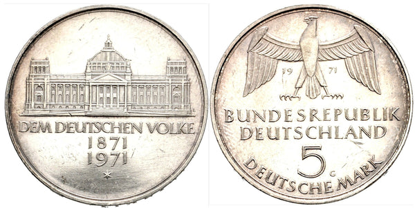 Silver 5-marks, 1971-G (Karlsruhe), Germany - 100 years of the German Reich