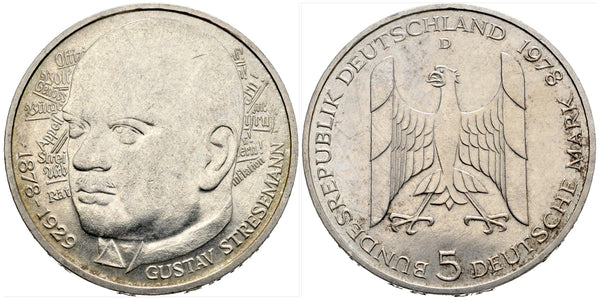 Silver 5-marks, 1978-D (Munich), Germany - 100th anniversary of the birth of Gustav Stresemann