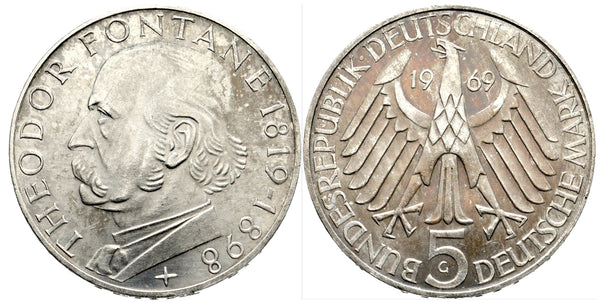 Silver 5-marks, 1969-G (Karlsruhe), Germany - 150th anniversary of the birth of Theodore Fontane