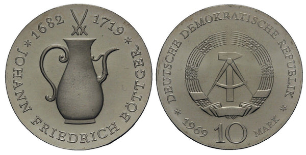 Rare uncirculated silver 10 mark coin, East Germany (DDR), 1969 - Commemorating Johann Friedrich Bottger