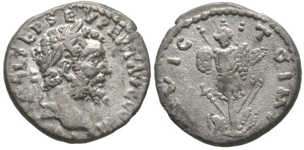 Silver denarius of Septimius Severus (193-211 AD) showing a trophy, Emesa mint, Roman Empire (RIC 389)