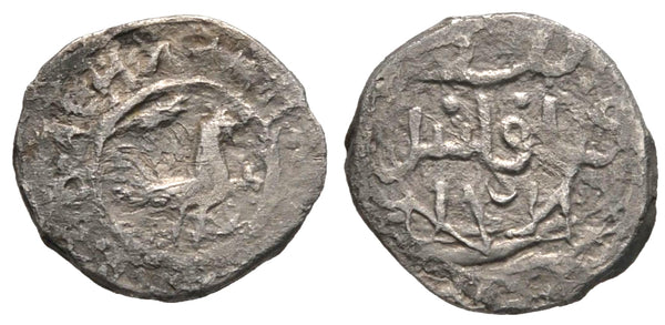 Very rare silver denga with a rooster, Grand Duke Vasiliy I (1389-1425), also naming Tartar Khan Tokhtamish of the Golden Horde, minted early 1420's in Moscow, Grand Duchy of Moscow, Russia