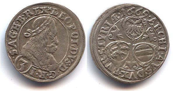 Silver 3 kreuzer, Leopold (1657-1705), Graz mint, Austro-Hungarian Empire