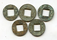 Lot of 5 bronze Wu Zhu coins of various types, 115 BC-220 AD, Han dynasties, Empire of China