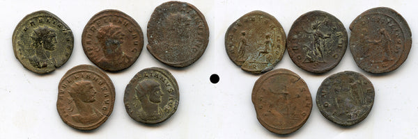 Lot of 5 Roman antoniniani of Aurelian (270-275 CE), Roman Empire