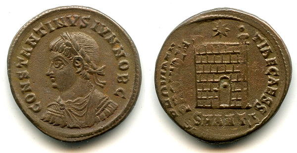 Camp-gate follis of Constantine II as Caesar (317-37), Antioch, Roman Empire