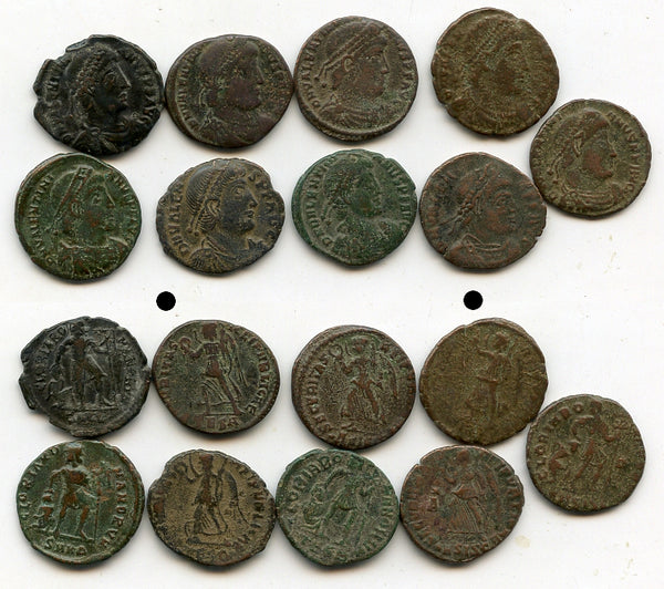Lot of 9 different AE3's of Valentinian I (364-75) and Valens, Roman Empire