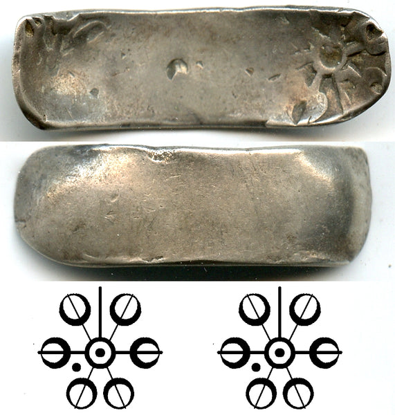Earliest silver shatamana (bent bar), Gandhara (c.600-500 BC) - FIRST Indian coin issue ever struck!