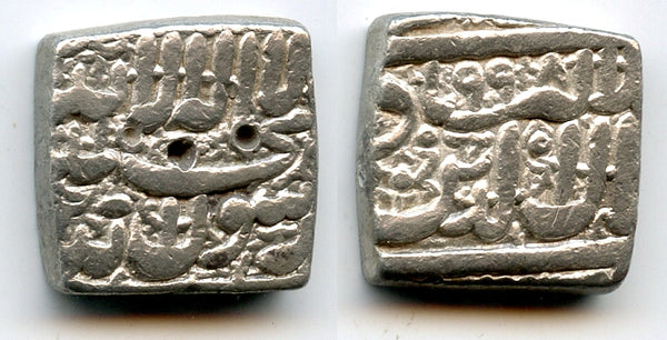 Square silver rupee, Akbar the Great (1556-1605), 1589, NM, Mughal Empire