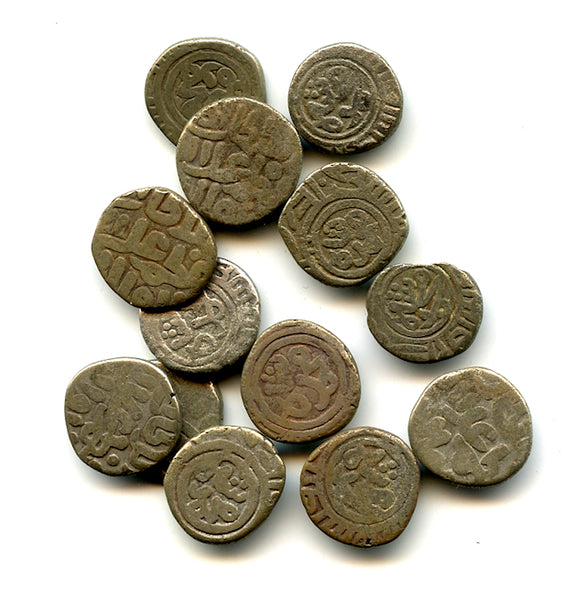 Lot of 13 silver 2-ghani coins of Mohamed (1296-1316), Sultanate of Delhi, India