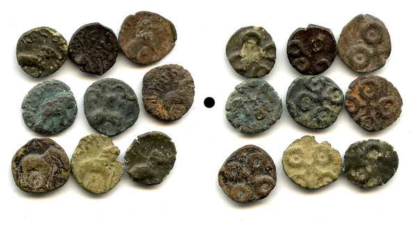 Lot of 9 potin karshapanas, Satakarnis (c.70 BC - 200 AD), Satavahana Empire, India
