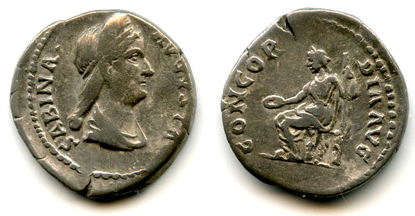 Scarce CONCORDIA silver denarius, Sabina (d.136 CE), Roman Empire (RIC 391)