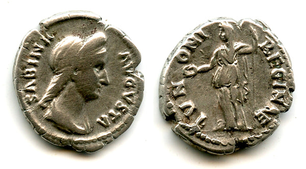 Scarce IVNONI REGINAE silver denarius, Sabina (d.136 CE), Roman Empire (RIC 395a)