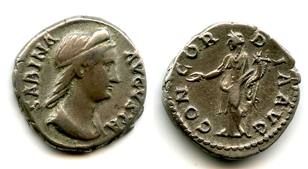 Scarce CONCORDIA silver denarius, Sabina (d.136 CE), Roman Empire (RIC 390)