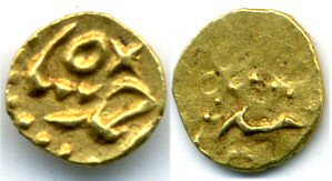 Extremely rare! Gold 1/2 fanam (1/4 rupee in gold), Ahmd Shah Bahadur (1748-1754), Gutiah mint?, Mughal Empire