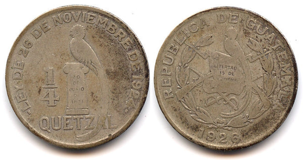 Large silver 1/4 quetzal, Guatemala, 1926