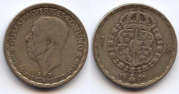 Silver 1 krona, Sweden, 1950
