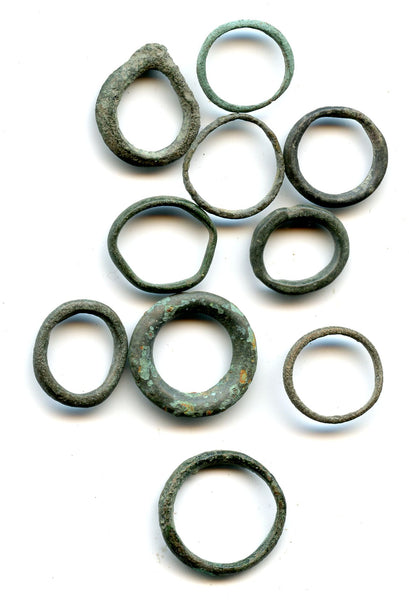 Lot of 10 ancient Celtic bronze ring money pieces from Hungary, ca.800-500 BC