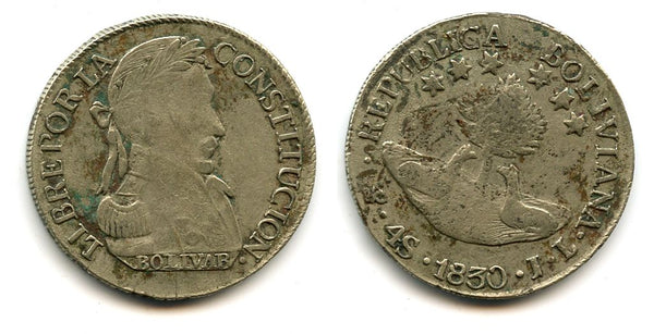 Large silver 4 soles, 1830 PTS, Potosi mint, Bolivia