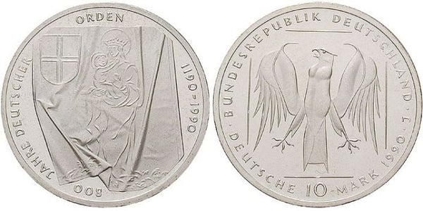 Silver proof 10 mark coins in the original package plus original certificate, 800 years of Teutonic Order, 1990, Germany